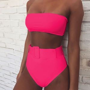 High Waisted + Hot Pink + Belted Swimsuit.